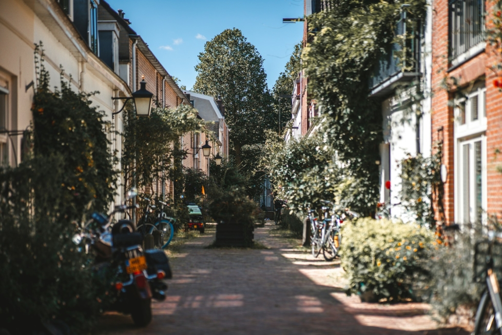 Een pittoreske, groene straat in Utrecht, een van de verborgen parels die een makelaar kan helpen ontdekken.